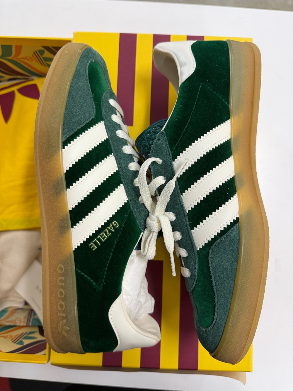 adidas Green Suede Gazelle Sneakers with White Stripes